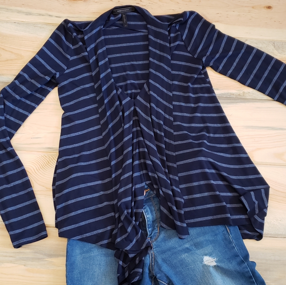 BCBGMaxAzria blue and grey striped v-neck tunic
